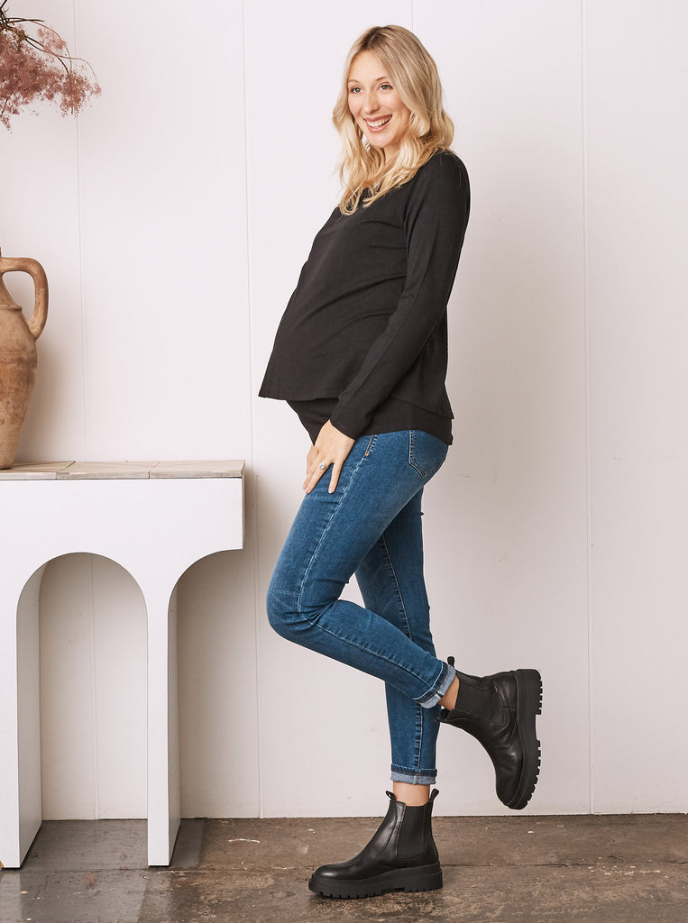 Bamboo Cotton Long Sleeve Maternity Top in Black - Angel Maternity USA