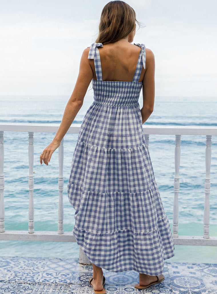 A woman in blue gingham maternity dress, back (6656900628574)