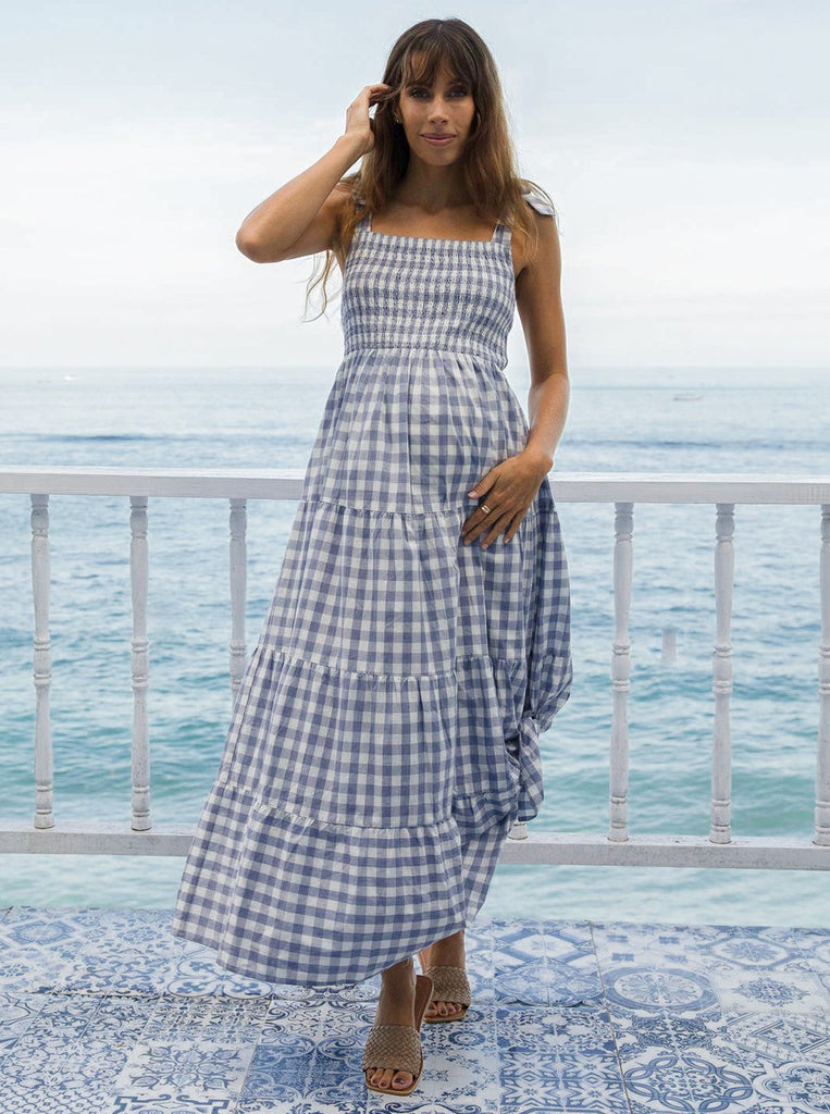 A woman in blue gingham maternity dress, main (6656900628574)