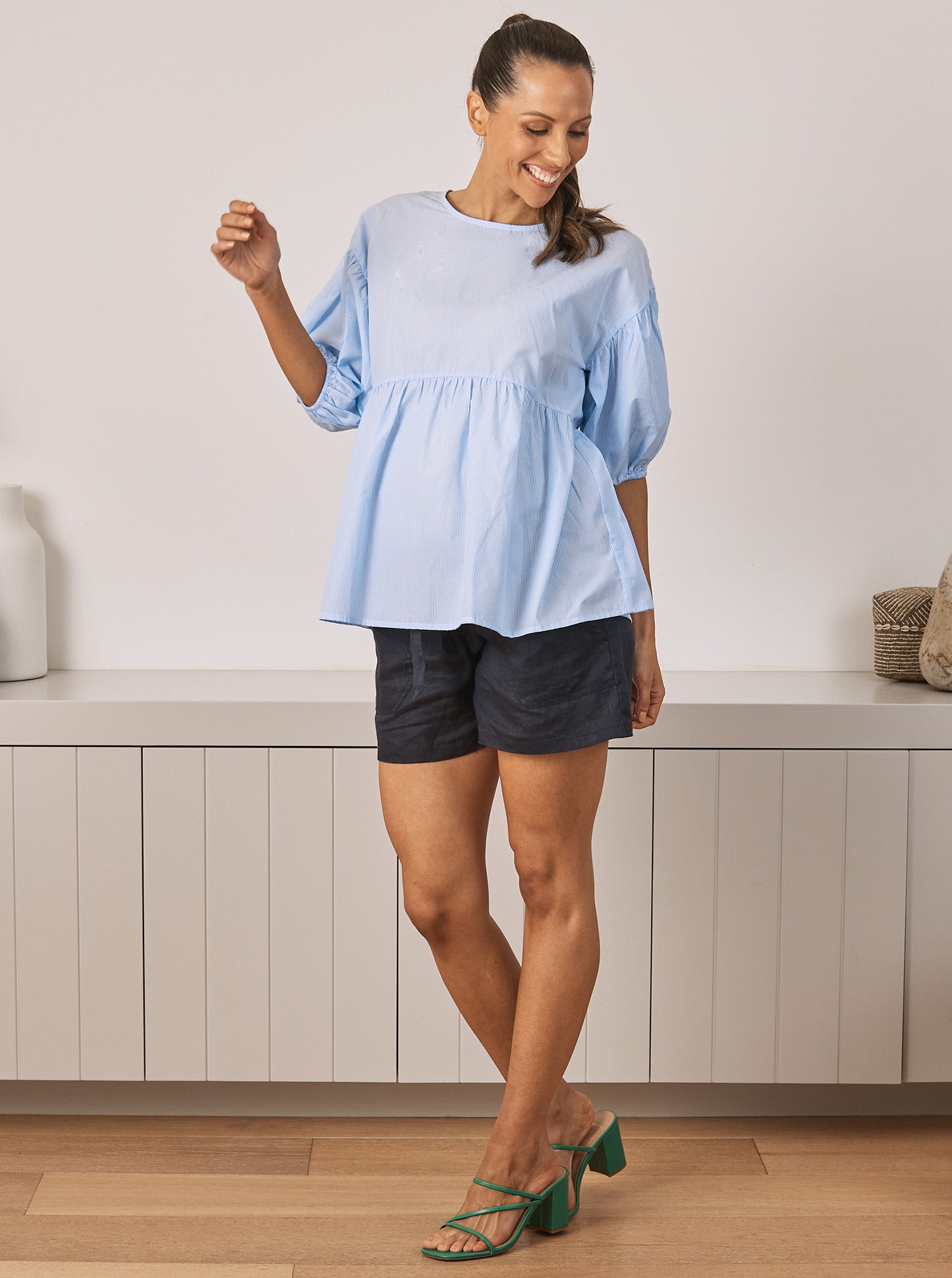 Brigitte Maternity Linen Blouse - Blue Stripe (6719317803111)
