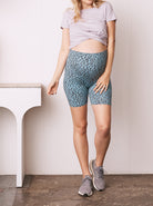 Main view - A pregnant Woman in  Maternity Cotton Short Leggings. Colour - Blue Leopard (6714639679591)