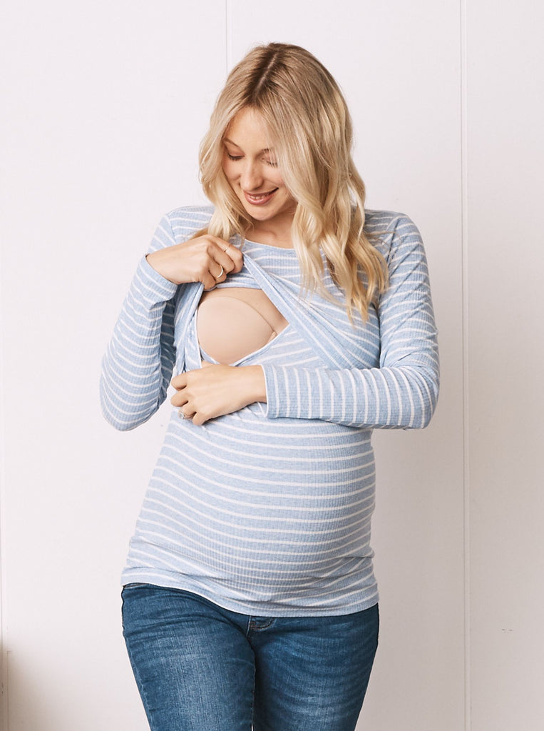 A Pregnant Woman in Long Sleeve Maternity & Nursing Cotton Top in Blue stipe Color showing breastfeeding access (6724307877982)