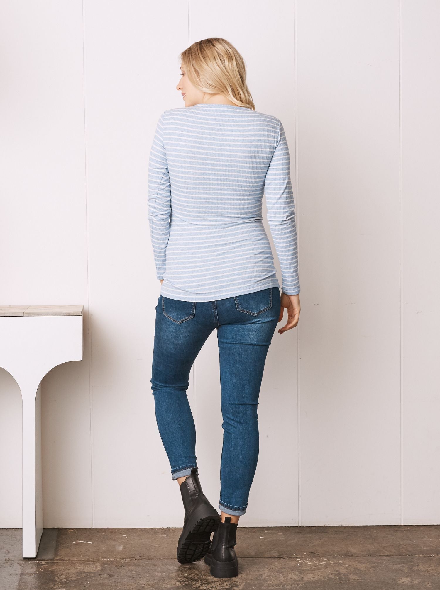 Maternity & Nursing Long Sleeve Cotton Top - Blue Stripe (6724307877982)