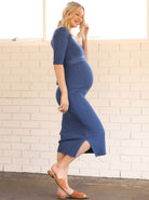 side view - wool blend knit maternity midi dress in blue (6714934820958)