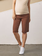 Main view - A Pregnant Woman in Chocolate Brown Wide Leg Knee Length Bamboo Maternity Shorts (6707663011943)