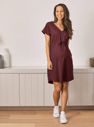 Mia Maternity & Nursing Zipper Drawstring Dress in Burgundy - Angel Maternity USA