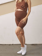 Main view - A pregnant Woman in Chocolate Brown Maternity Bike Shorts (6707290832999)