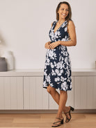 Maternity Wrap Dress in Navy & White Flowers (4615629439079)