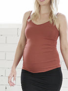 Front view - 3-piece set: This set includes: a Ginger coloured versatile cardigan, a matching maternity singlet and midi length black maternity skirt, (6714932592734)