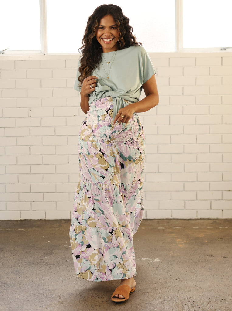 Maddy Maternity Shirred Maxi Skirt in Floral Print (6712925978727)