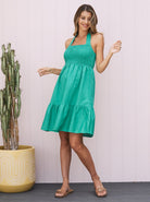 Main View - A pregnant Woman in Maternity Summer Shirred Green Linen Dress - Shoulder Tie