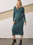Fron full view - A Pregnant Woman i  Annabella Knit Teal Maternity Bodycon Midi Dress smiling (6726615924830)
