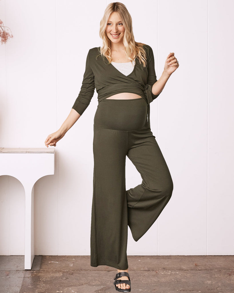 Debra Wide Leg Maternity Bamboo Pants in Olive Green - Angel Maternity USA