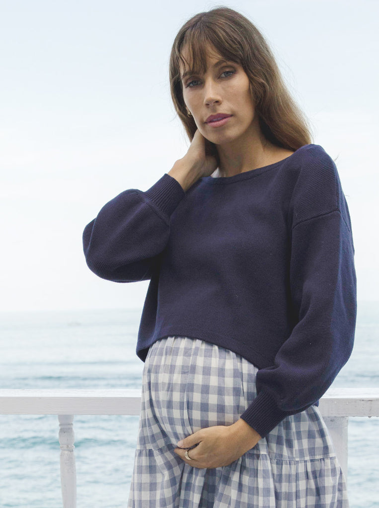 Front view - A Pregnant Woman in Long Sleeve Navy Cotton Maternity Top (6621360193630)