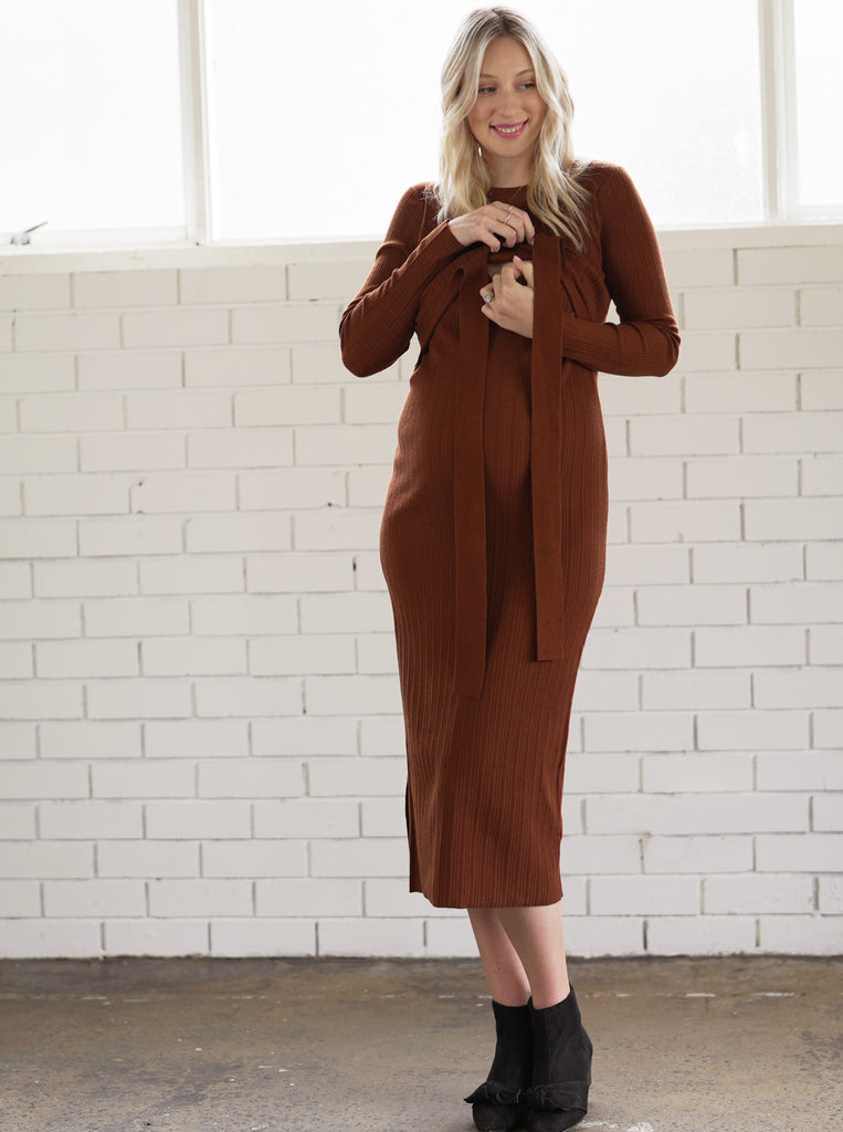 Front view - Annabella Knit Maternity Dress in Rust (6714938654814)