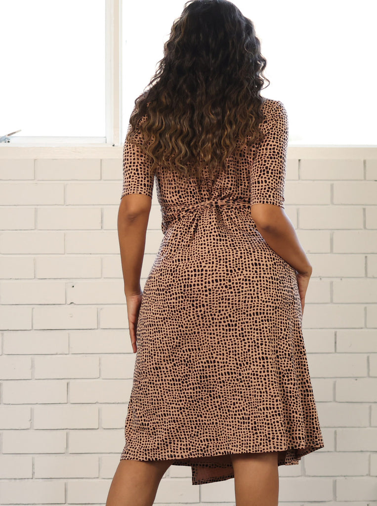 Back view - Maternity Classic Wrap  Dress in Brown Print (6716374057054)