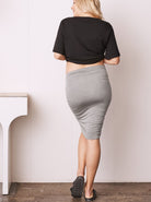 Back view - A Pregnant Woman in Grey Fitted Maternity Skirt (6708490141799) (6733183352926)