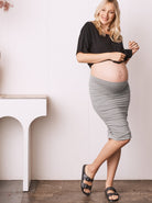 Front full view - A Pregnant Woman in Grey Fitted Maternity Skirt (6708490141799) (6733183352926)