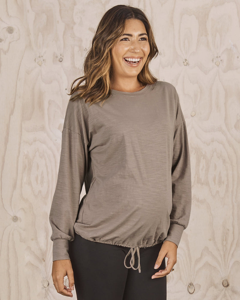 front view- maternity friendly jumper taupe