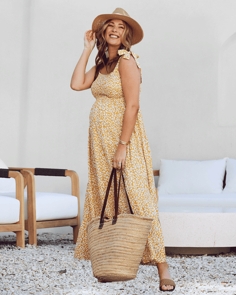 mini yellow maternity dress Angel Maternity Chelsea Maternity Ruffled Maxi Dress in Yellow Animal Print