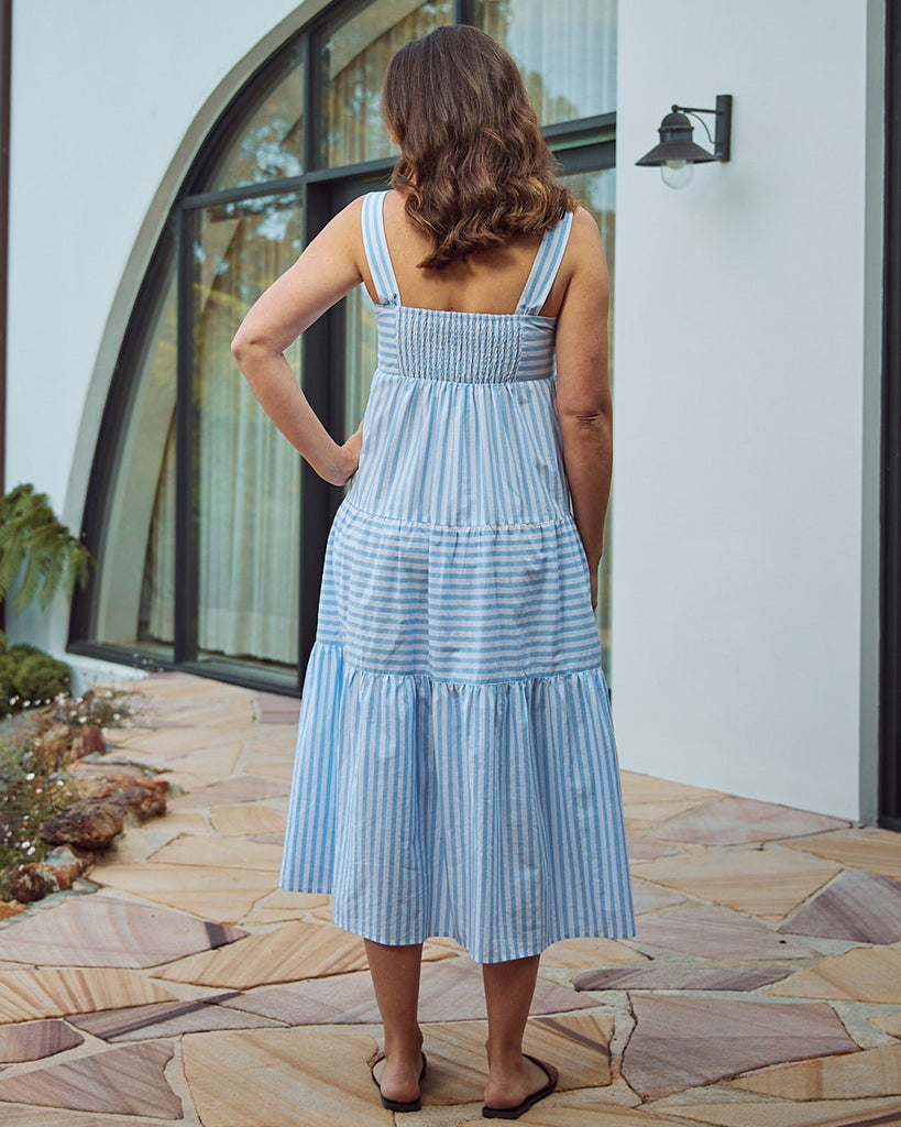 Back view- maternity tiered maxi dress blue stripes