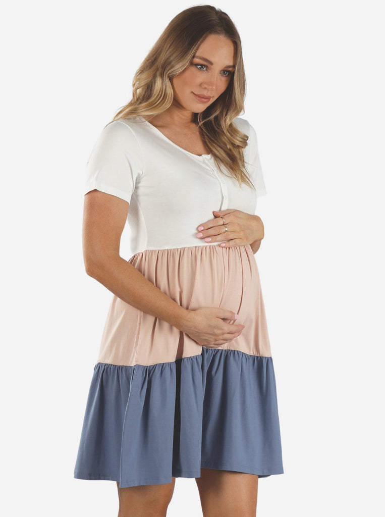 Side view - Maternity Tiered Sun Dress in Multi Colors - White, Pink & Blue (6640284401758)