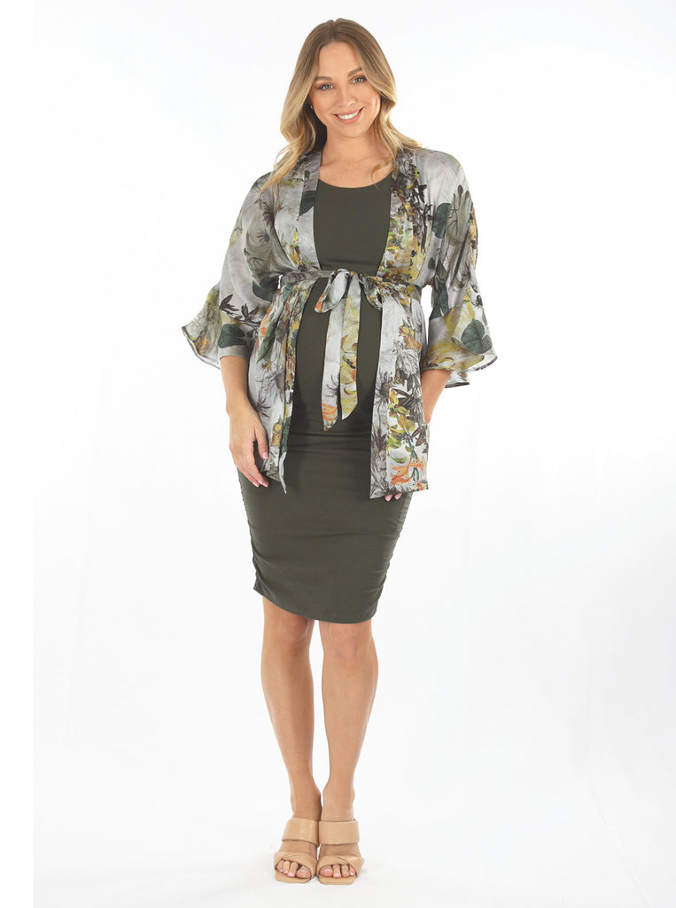 a woman in maternity wrap floral blouse, full looks 3 (6659038412894)