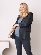 Main view - A pregnant Woman in  Linen Navy Maternity Jacket (6714118733927) (6732690227294)