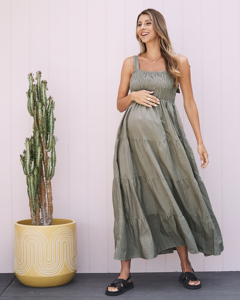 Lilliana Flowy Maternity Maxi Linen Dress in Olive - Angel Maternity USA