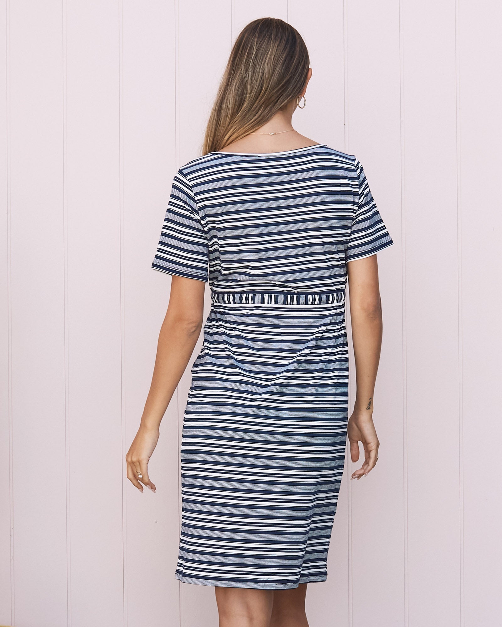 Erika Maternity Short Sleeve Drawstring Dress - Navy & White Stripes –  Angel Maternity USA