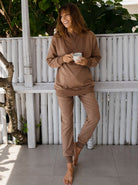 Calla  Zip Front Maternity Sweatshirt & Sweatpants Set in Iced Coffee Color - Angel Maternity USA