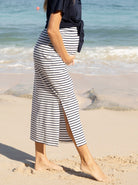 Side view - Maternity Maxi  Skirt in White & Navy Stripes (4801469251678)