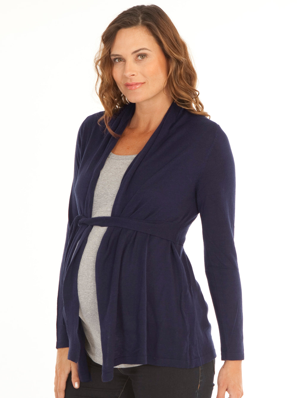 Maternity Roll Collar Knitted Waist Tie Cardigan - French Navy - Angel Maternity USA (1637798707294)