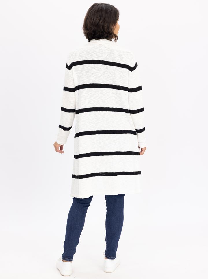 Back view - White Maternity Cotton Cardigan in Black Stripes (6640277291102)