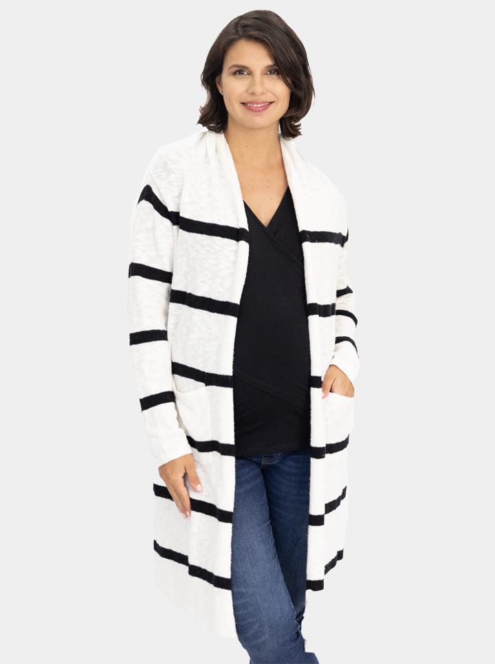 Front view - White Maternity Cotton Cardigan in Black Stripes (6640277291102)