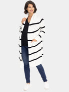 Mai view - White Maternity Cotton Cardigan in Black Stripes (6640277291102)