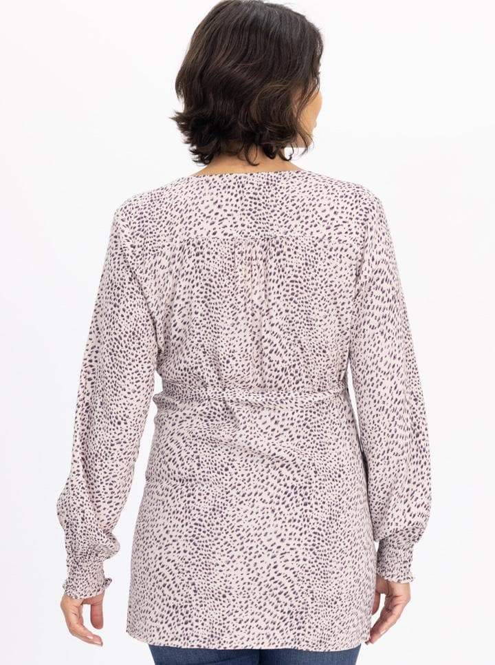 Back view - Long Sleeve Maternity Wrap Blouse in Animal Print - Pink (6640287121502)