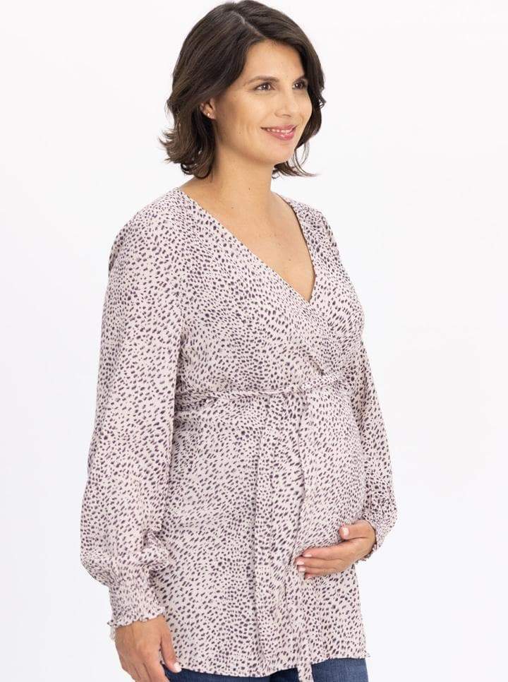 Side view - Long Sleeve Maternity Wrap Blouse in Animal Print - Pink (6640287121502)