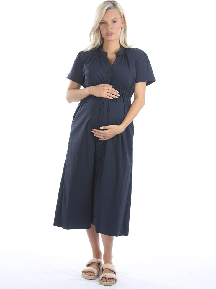 A woman in navy maternity nursing dress, front (6659017015390)