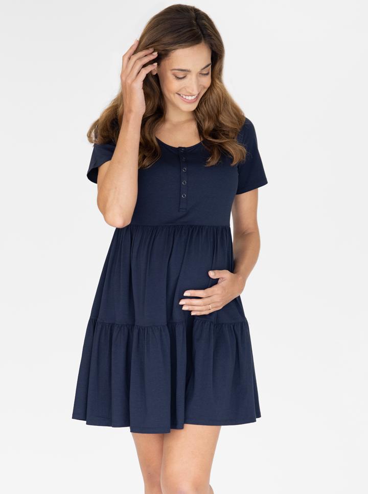 A woman in navy maternity tiered dress, front (4827569651806)