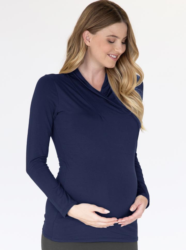 Side view - V-Neck Crossover Bamboo Maternity Long Sleeve Top in Navy (6537446260830)