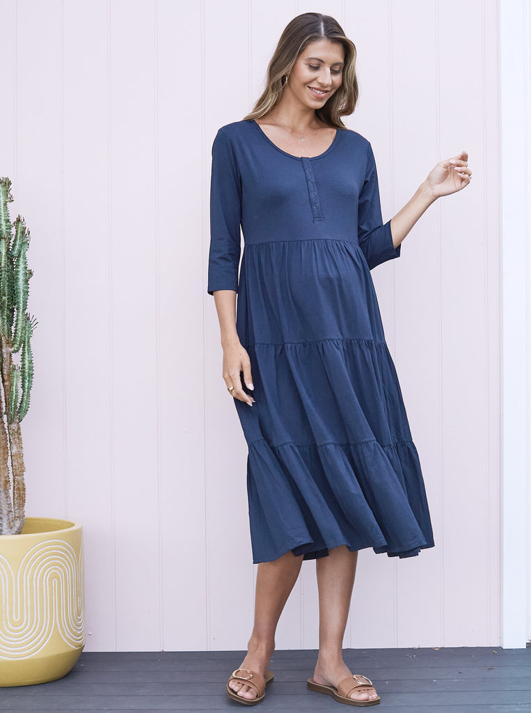 Essential Maternity Tiered Midi Dress in Navy or Black - Angel Maternity USA