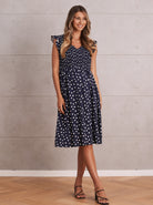 Donna Linen Navy Polka Dot Maternity Midi Dress - Angel Maternity USA