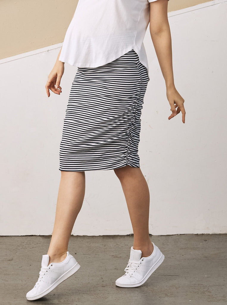 Main view - A Pregnant Woman in Knee Length Navy Stripes Maternity Fitted Skirt (6708020510823) (6733183320158)