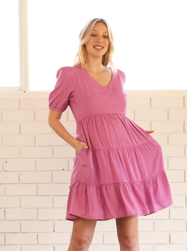 Aubrey Maternity Tiered  Dress - Pink (6717514055783)