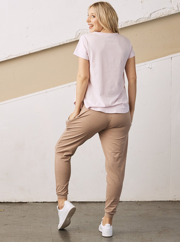 Full back view - A Pregnant Woman in Coffee Colour Cotton Maternity Jogger Pants (6709405909095)