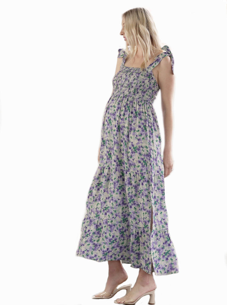 Side view - A Pregnant Woman in Purple Floral Maternity Maxi Dress (6726602621022)