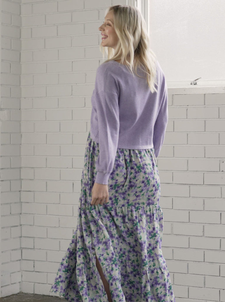 Back view - A pregnant woman in luxury maternity knitted cropped Top in lavender (6726602752094)