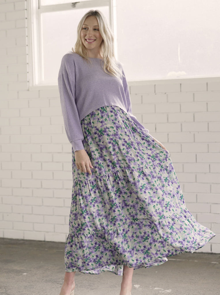 Full fron view - A Pregnant Woman in Purple Floral Maternity Maxi Dress (6726602621022)