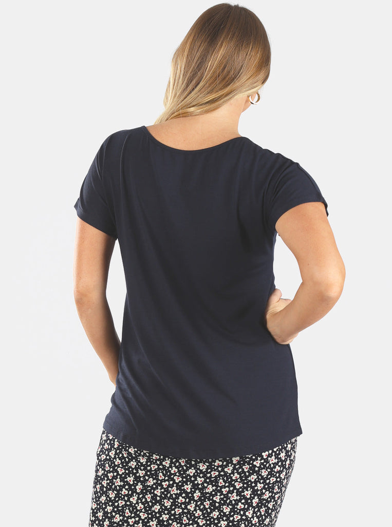A woman in reversible navy tie front tee, back2 (6640285286494)